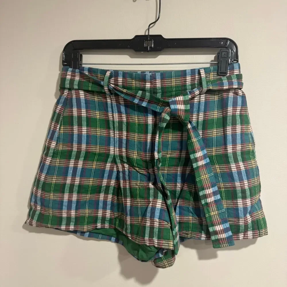 J.Crew Womens Green White Red Plaid Pleated Belted Dress Shorts Size 2 XS